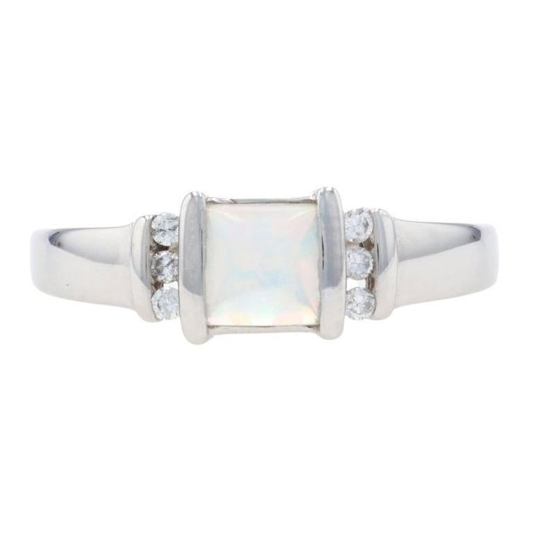 White Gold Synthetic Opal & Diamond Ring, 14k Square Cabochon .49ctw For Sale