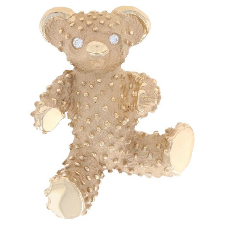 Yellow Gold Diamond Teddy Bear Brooch, 14k Round Brilliant Cut Toy Animal Pin For Sale