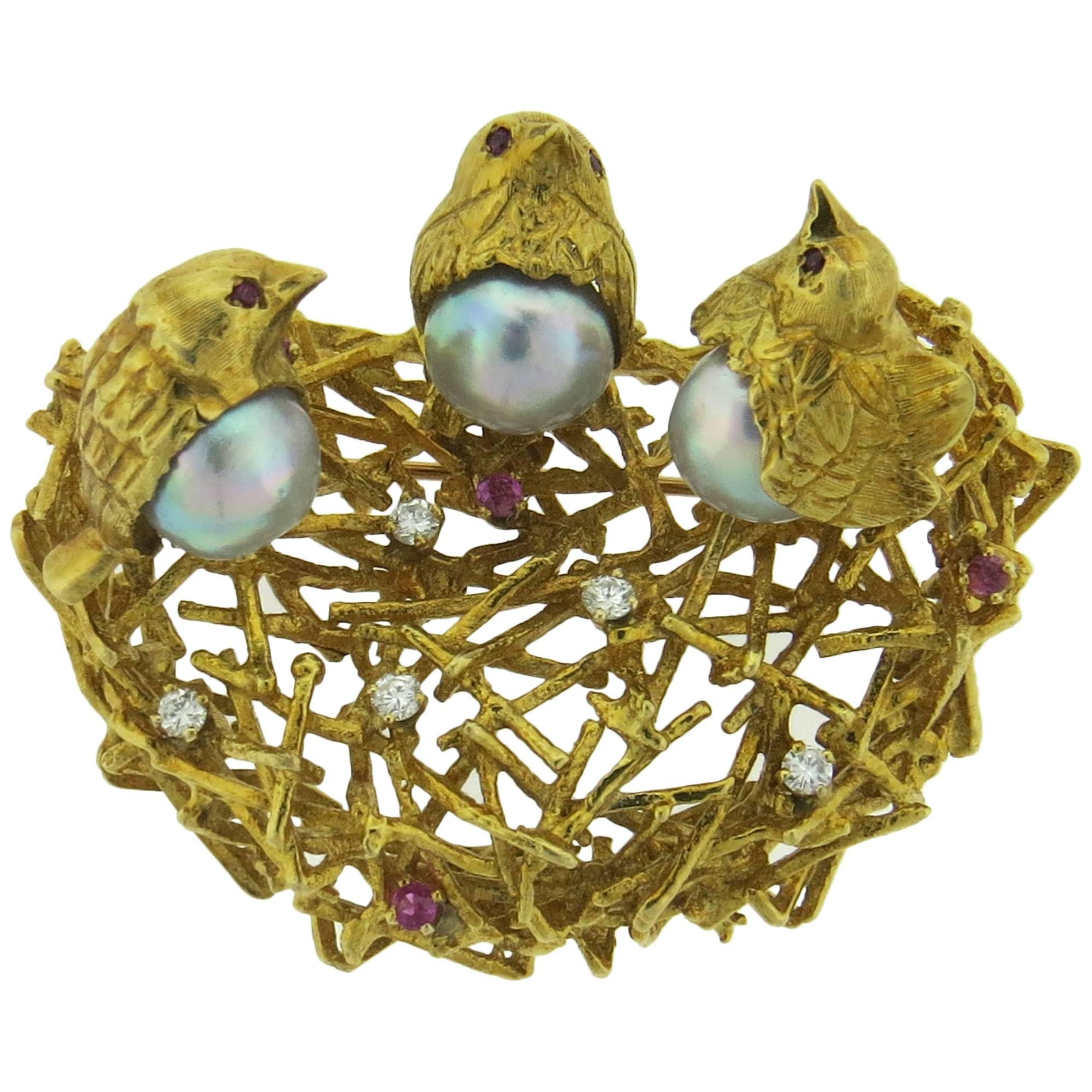 Adorable Pearl Ruby Diamond Gold Bird Nest Brooch Pin 