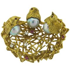 Adorable Pearl Ruby Diamond Gold Bird Nest Brooch Pin
