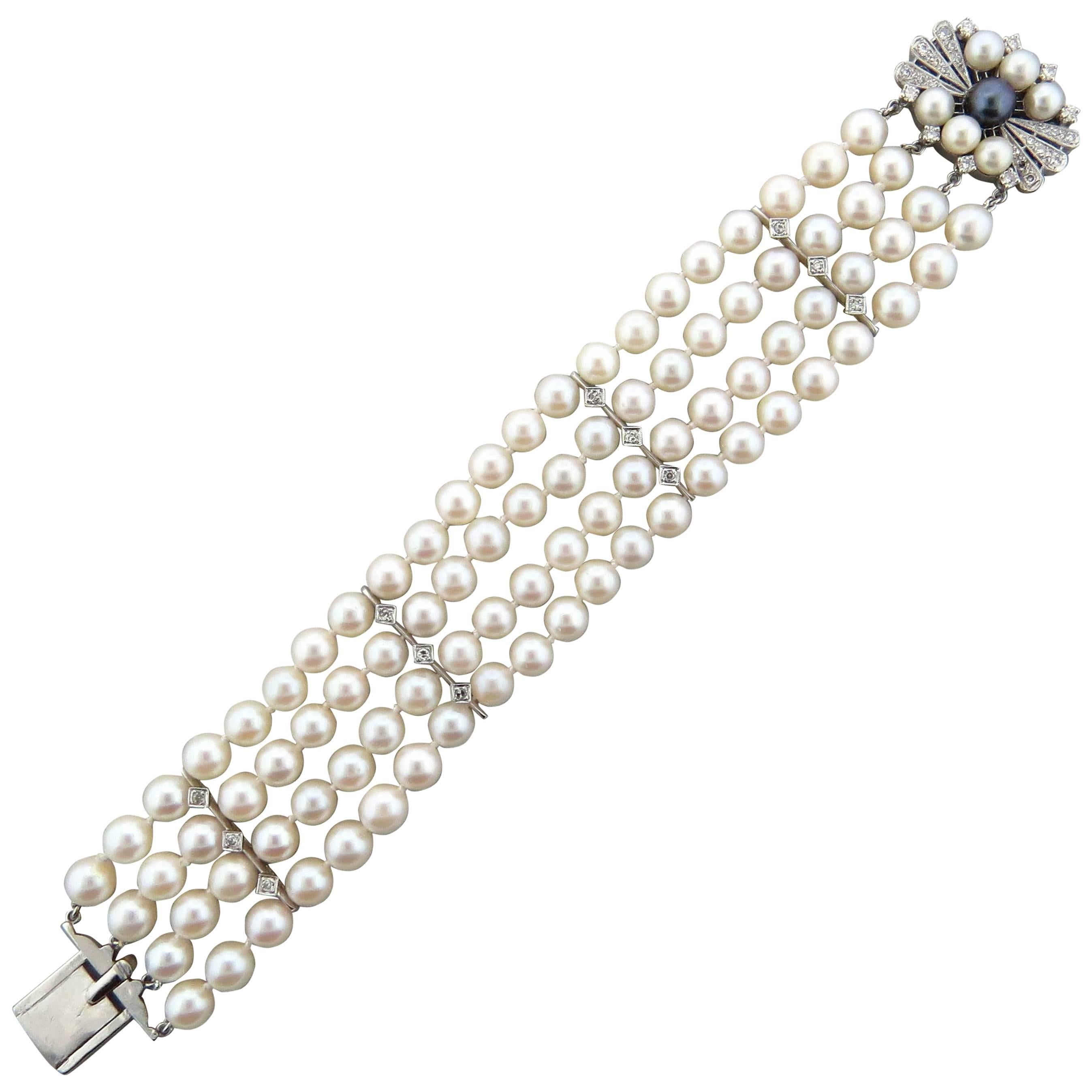 Mid Century Pearl Diamond Gold Four Strand Bracelet 
