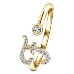 Bague Alphabet Initial, F, lettre personnelle en or jaune 9 carats et diamant de 0,10 carat