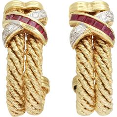 1980s Ruby Diamond Textured Twisted Gold Half Hoop Earrings With Posts