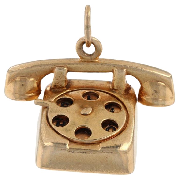 Breloque téléphone rotative en or jaune 14 carats avec pendentif « Hello I Love You » et cadran mobile