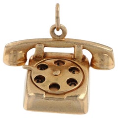 Vintage Rotary Telephone Charm, 14k Yellow Gold Hello I Love You Pendant Dial Moves