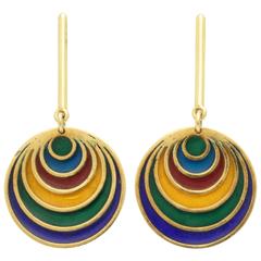 1960's Plique-A-Jour Enamel Multicolor circle Gold drop earrings