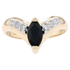Yellow Gold Onyx & Diamond Ring, 14k Marquise Cut Contoured V-Shape