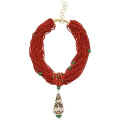 Vintage 1980s Oxblood Coral Aventurine Gold Animal Print Shell Torsade Necklace