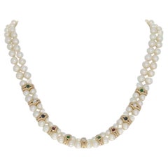 Yellow Gold Pearl Emerald Sapphire Ruby Diamond Necklace, 14k 1.19ctw