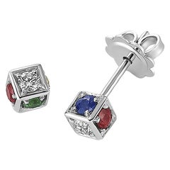 Cube Earrings in 18K Gold with Yellow/Blue/Red Sapphires, Tsavorite, and Diamond