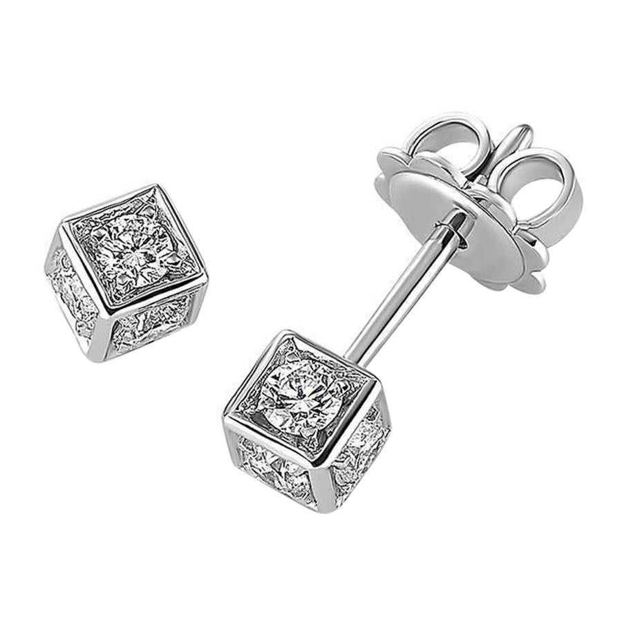 Single Cube Stud Earrings in 18K White Gold with White Diamonds '0.71 Carats'