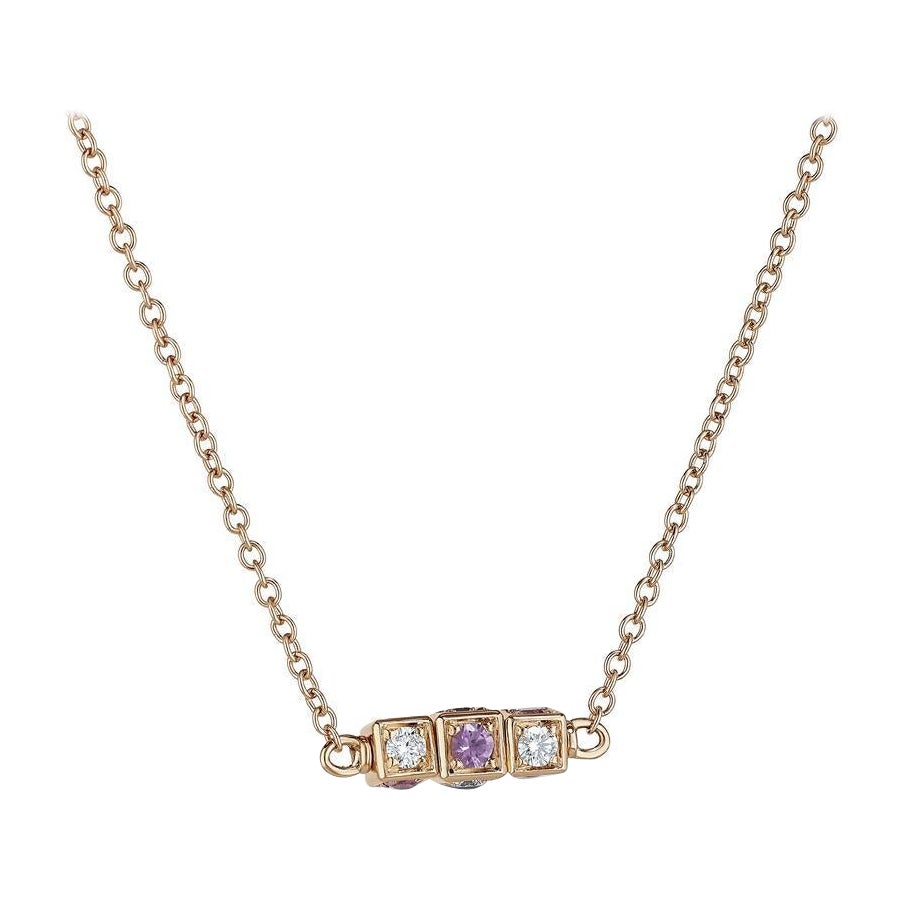 18K Rose Gold Necklace with White Diamonds and Pink Sapphires Cube Element For Sale