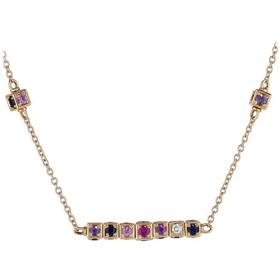 18K Rose Gold Necklace with White Diamonds & Multi Color Sapphires For Sale