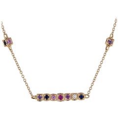 18K Rose Gold Necklace with White Diamonds & Multi Color Sapphires