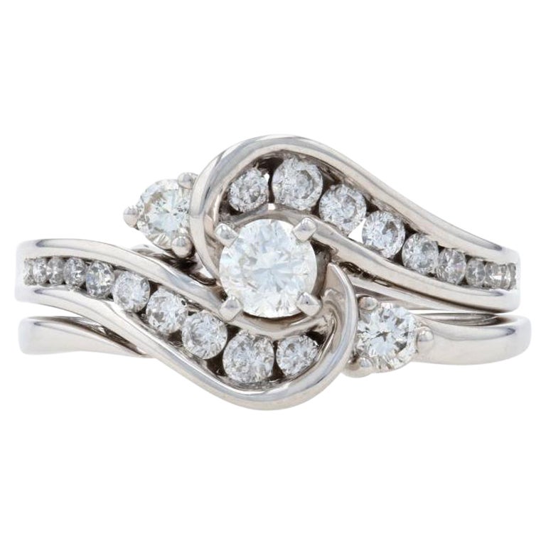 White Gold Diamond Bypass Engagement Ring & Wedding Band, 14k Round Cut 1.21ctw
