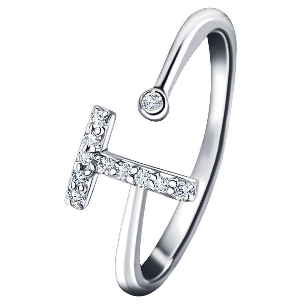 Bague personnelle joaillerie en or blanc 18 carats avec diamants de 0,10 carat, initiale lettre « T »