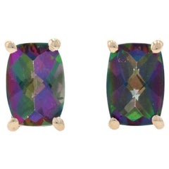 Antique Yellow Gold Mystic Topaz Stud Earrings 14k Checkerboard Cushion 2.50ctw Pierced