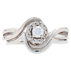 Retro Diamond Engagement Ring & Wedding Band, 14k White Gold Halo .32ctw