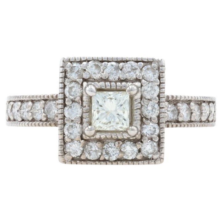 .75ctw Princess Cut Diamond Engagement Ring, 14k White Gold Milgrain Halo For Sale