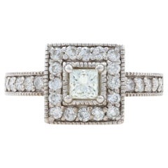 .75ctw Princess Cut Diamond Engagement Ring, 14k White Gold Milgrain Halo