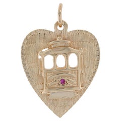Yellow Gold Synthetic Ruby Cable Car Heart Pendant 14k San Francisco, CA Trolley