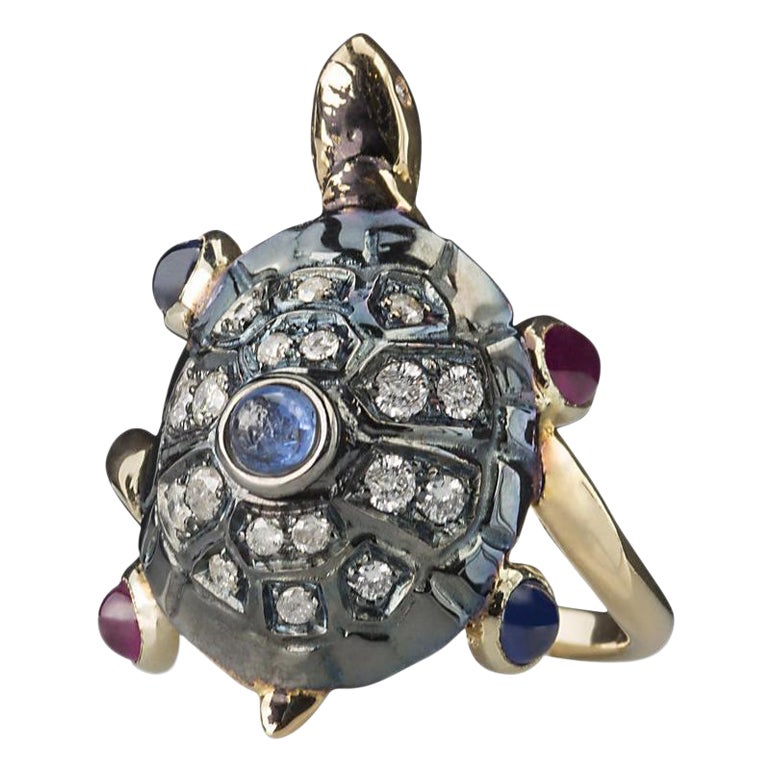 Rossella Ugolini Turtle Cocktail Ring Handcrafted with Sapphires Ruby Diamonds For Sale