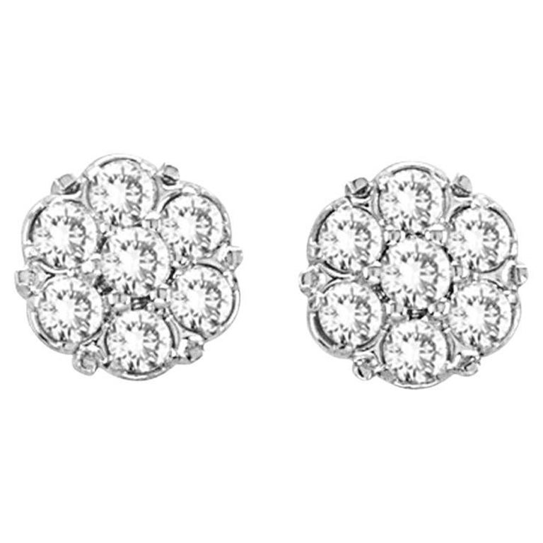 Boucles d'oreilles en or blanc 14 carats avec grappe de fleurs en diamants naturels de 0,55 carat G-H SI