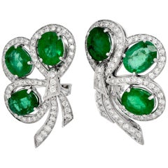 Diamond 15.45cts Emerald 18K Gold Clover Floral Clip on Earrings