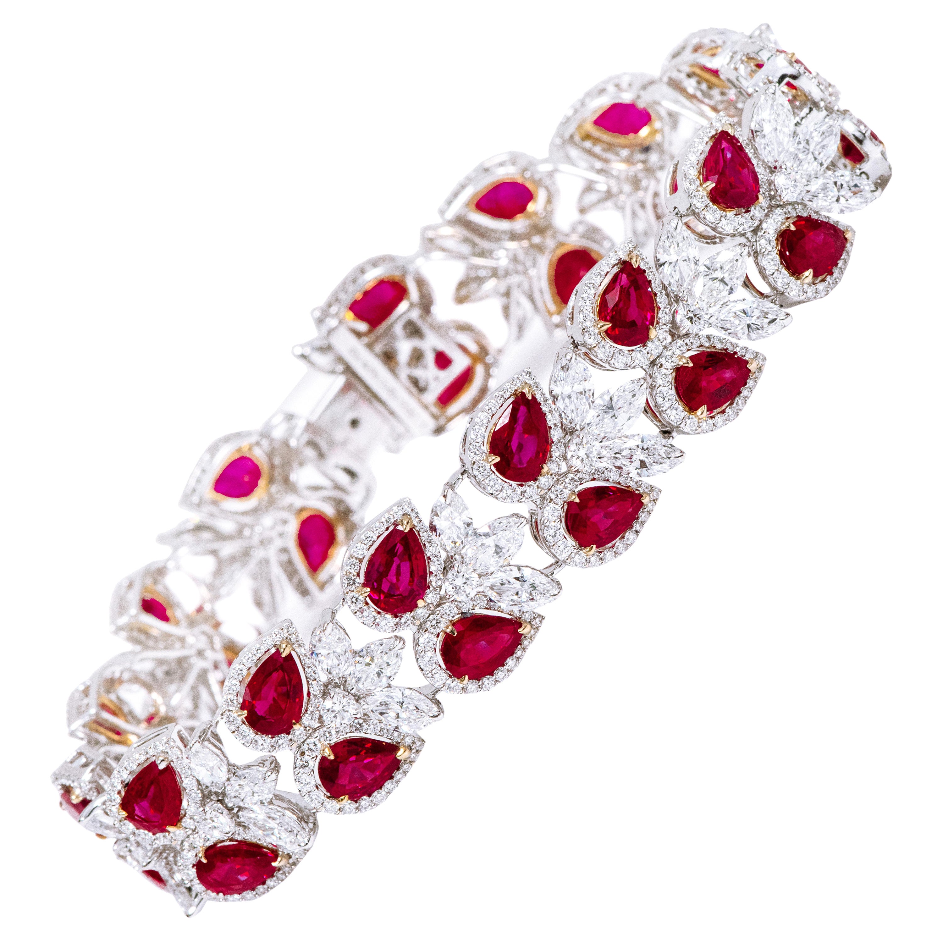 18 Karat Gold 26.22 Carat Ruby and Diamond Cocktail Statement Tennis Bracelet For Sale