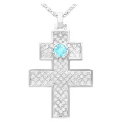 Vintage Aquamarine and 1.55 Carat Diamond Cross Pendant in White Gold 