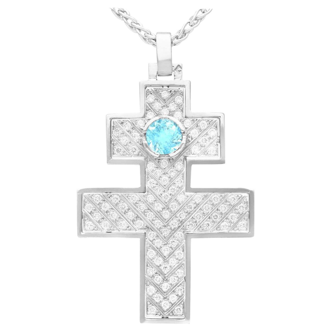 Vintage Aquamarine and 1.55 Carat Diamond Cross Pendant in White Gold