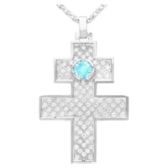 Vintage Aquamarine and 1.55 Carat Diamond Cross Pendant in White Gold