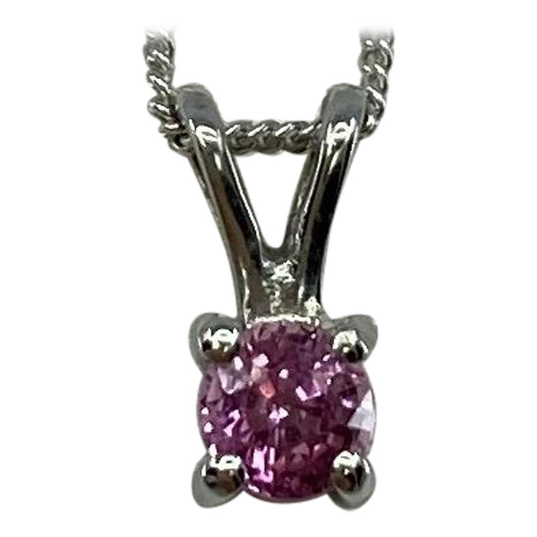 Fine Ceylon Pink Sapphire Round Diamond Cut 18k White Gold Solitaire Pendant For Sale