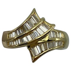 0.71ct Fancy White Diamond Swirl Baguette Cut 18k Yellow Gold Scroll Ring