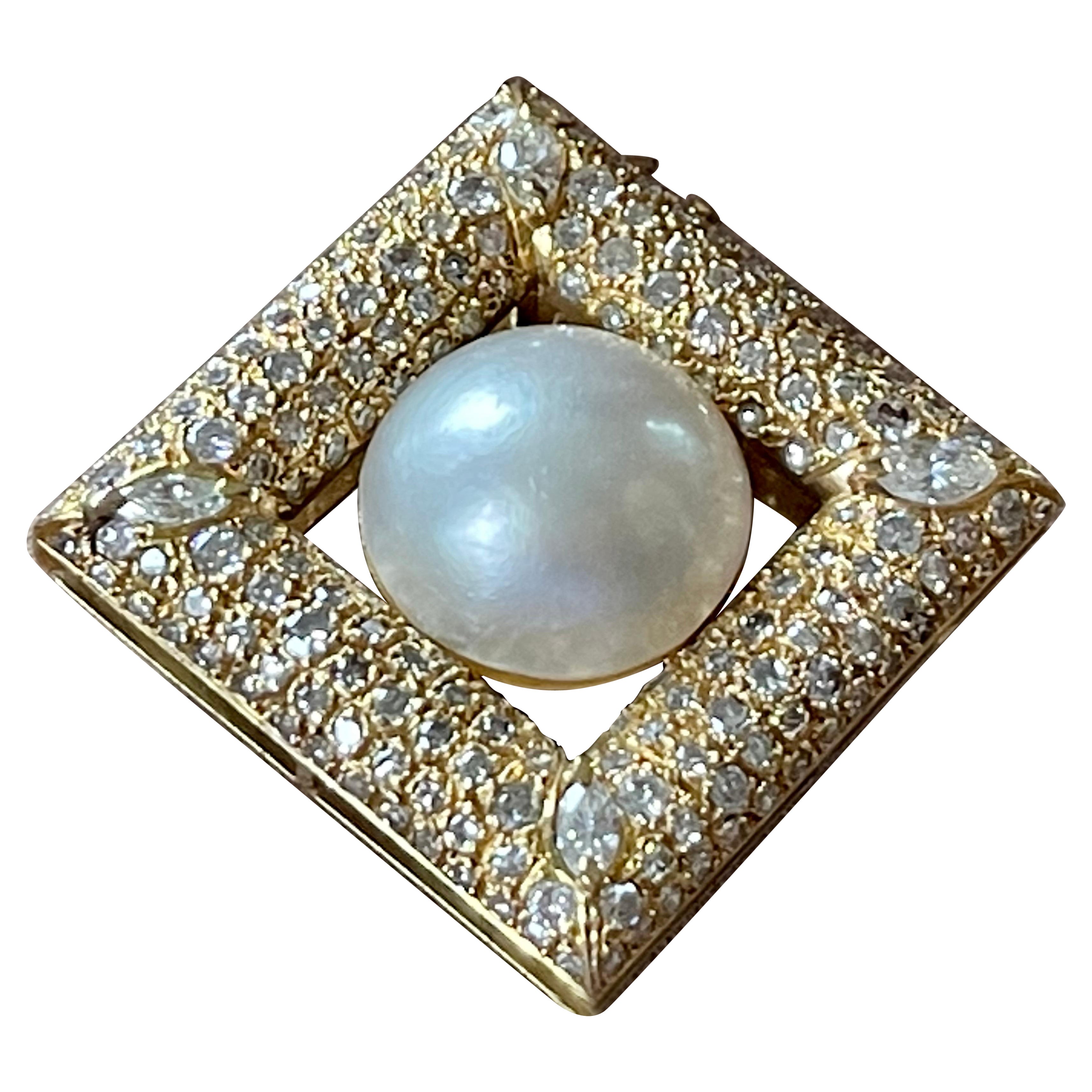 Broche vintage en or jaune 18 carats avec diamants et perle Mabe