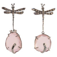 Boucles d'oreilles contemporaines Dragonfly Rose Quartz 0.50 Karat Diamonds Dangle Ears