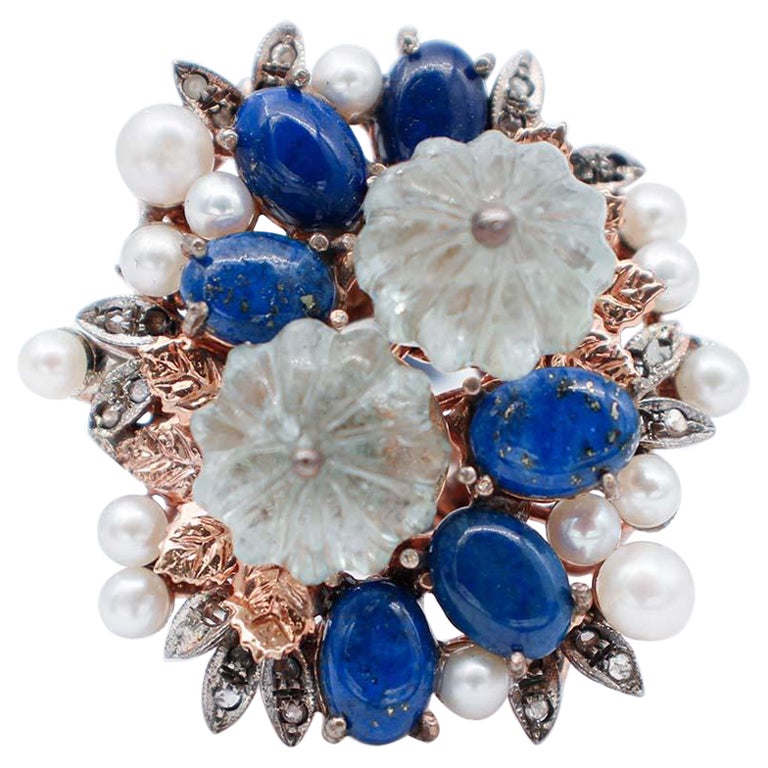 Rock Crystal, Lapis, Diamonds, Pearls, 9 Karat Rose Gold and Silver Retrò Ring For Sale
