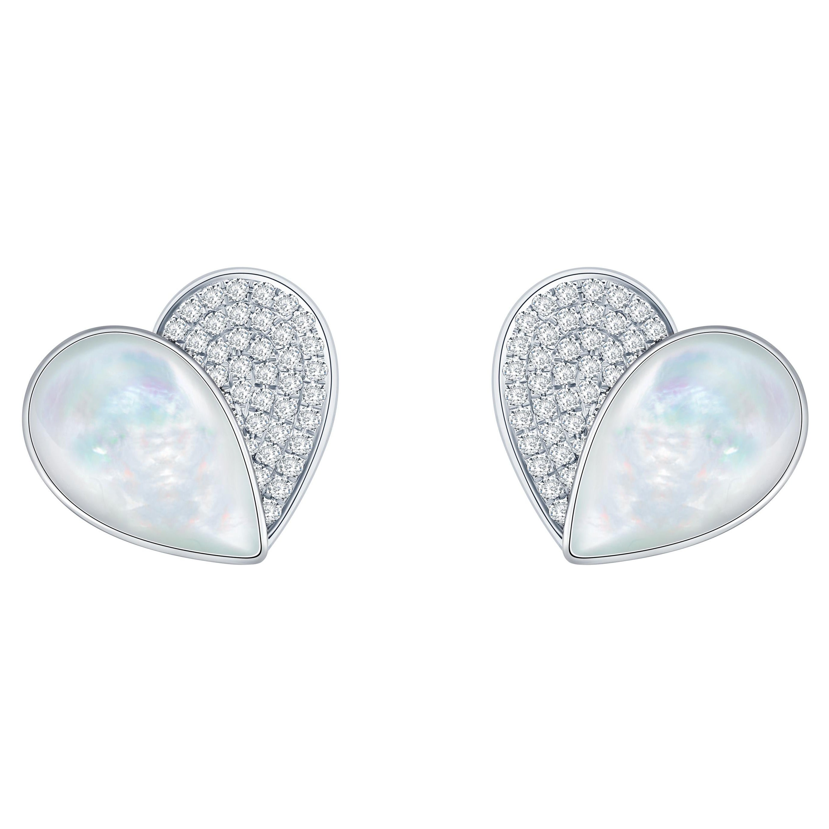 Heart Ear Studs 18 Karat Yellow Gold White Gold Pave Diamonds Mother of Pearl For Sale