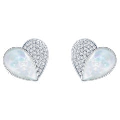 Heart Ear Studs 18 Karat Yellow Gold White Gold Pave Diamonds Mother of Pearl