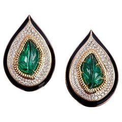 18 Kt Yellow Gold, Zambian Emerald, Enamel and Diamond Earrings