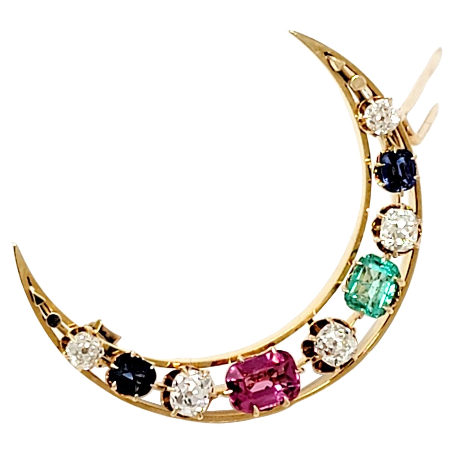 Diamond and Multi-Gemstone Crescent Moon Celestial Brooch 18 Karat Yellow Gold For Sale