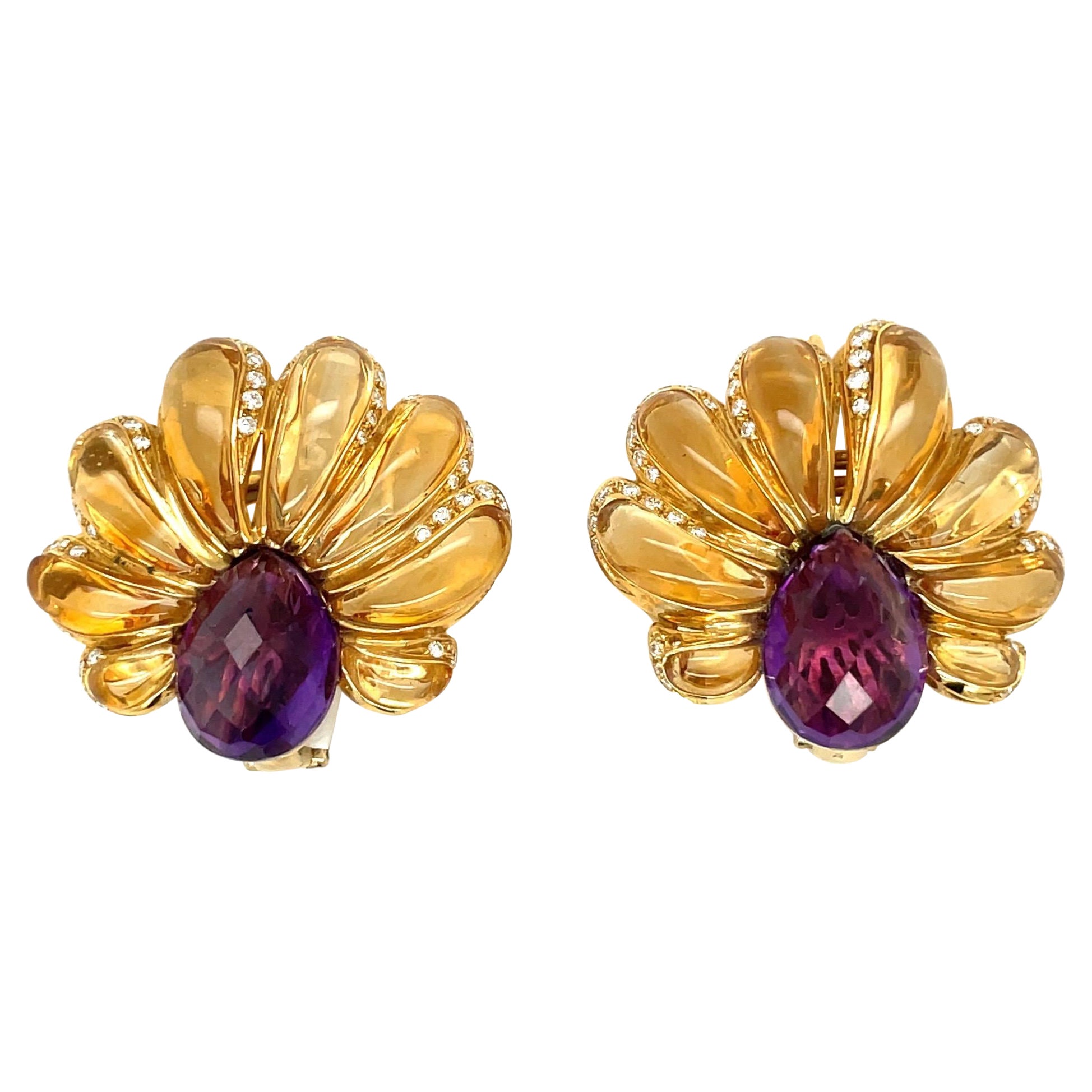 Roberto Casarin for Cellini Carved Citrine, Amethyst & Dia. YG Flower Earrings