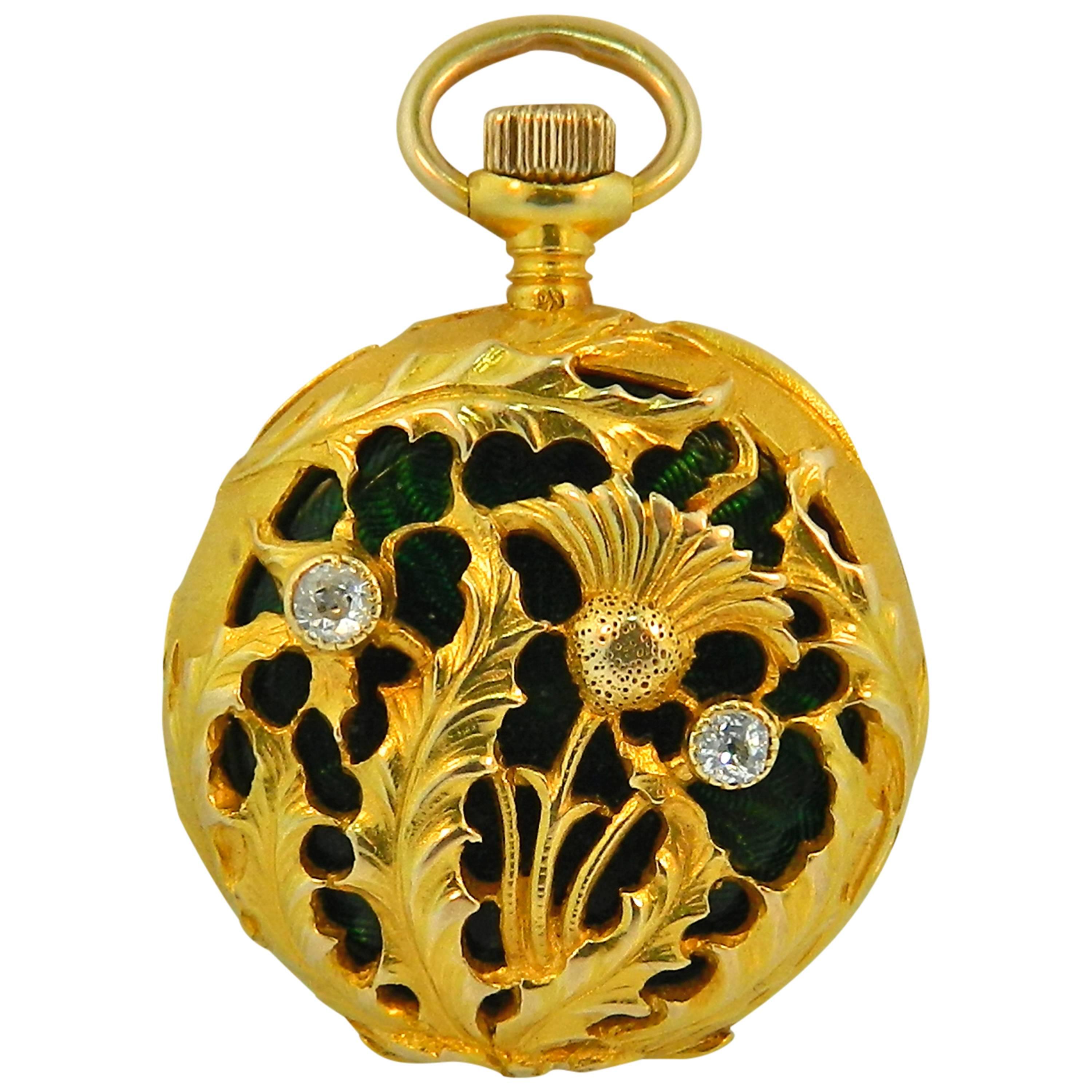 Tiffany & Co. Lady's Yellow Gold Diamond Enamel Art Nouveau Pendant Watch