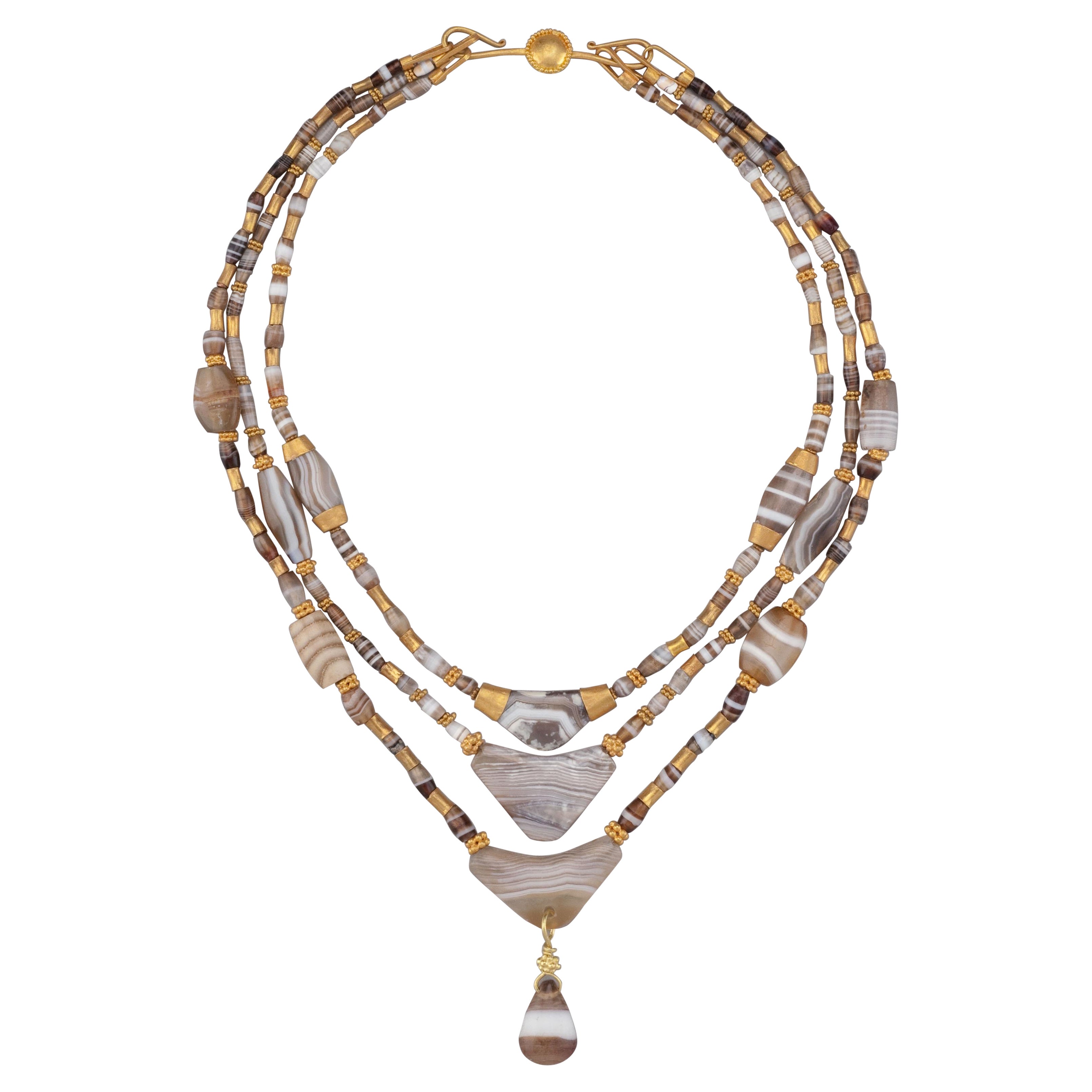 Ensemble of Ancient Agate Bead Necklaces, 22k Granulated Gold Beads, and Clasp For Sale