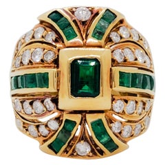Estate Emerald and Diamond Cocktail Ring in 18k Yellow Gold