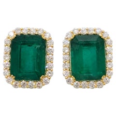 Estate Emerald and Diamond Earring Studs in 18k Yellow Gold