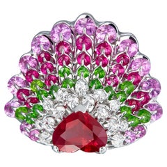 Moiseikin 18K White Gold 2ct Heart Shape Ruby Demantoid Peacock Cocktail Ring