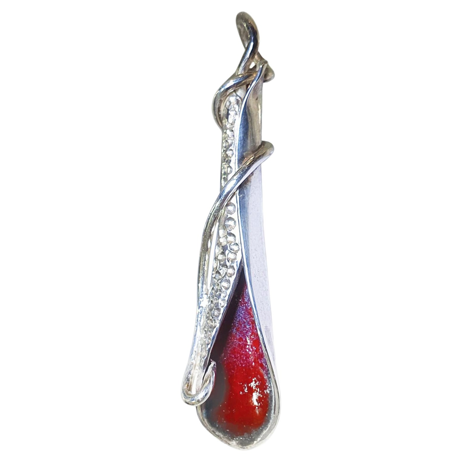 Paul Amey Sterling Silver and Red Enamel Leaf Pendant