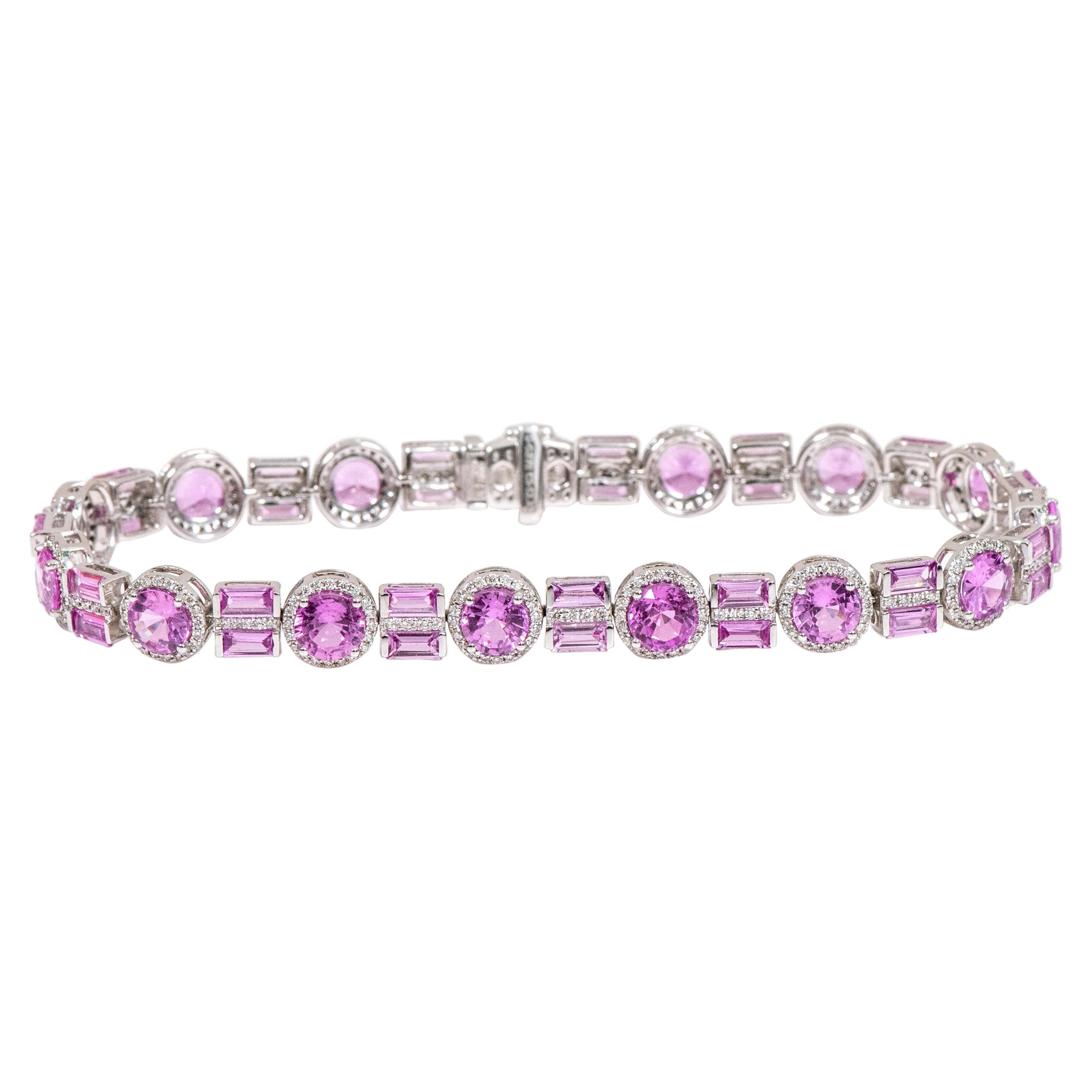 Bracelet tennis en or blanc 18 carats avec saphir rose de 13,23 carats et diamants en vente