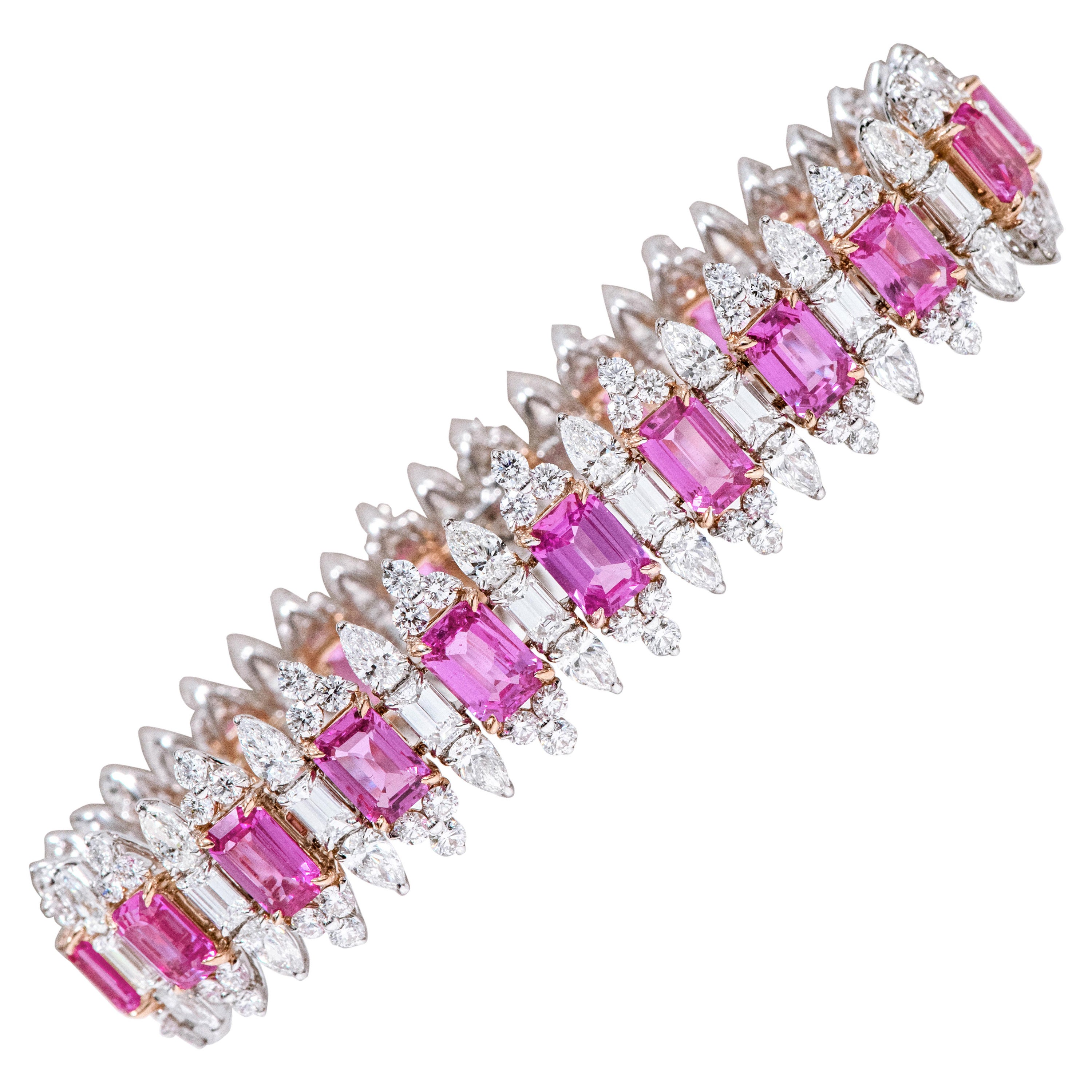 18 Karat Gold 36.91 Carat Pink Sapphire and Diamonds Contemporary Style Bracelet For Sale